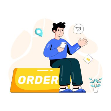 Adam elinde dizüstü bilgisayarla akıllı telefon kullanıyor. Beyaz arka planda vektör çizimi.