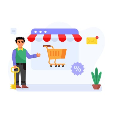 İnternetten alışveriş. Akıllı telefonu ve cep telefonu olan bir adam. vektör illüstrasyonu