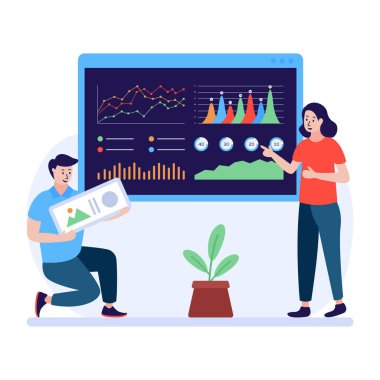 Dizüstü bilgisayar ve grafik vektör çizimi tasarımı ile çalışan iş adamları