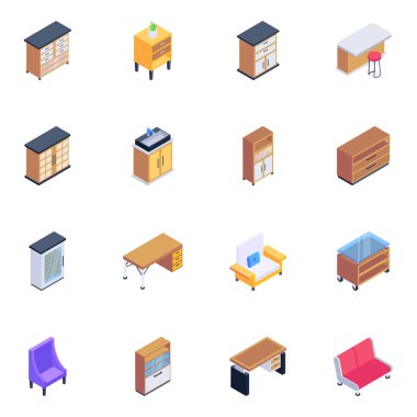 Farklı çekmeceler, mobilyalar, ev, dolap, dolap, dolap gibi izometrik simgeler.,
