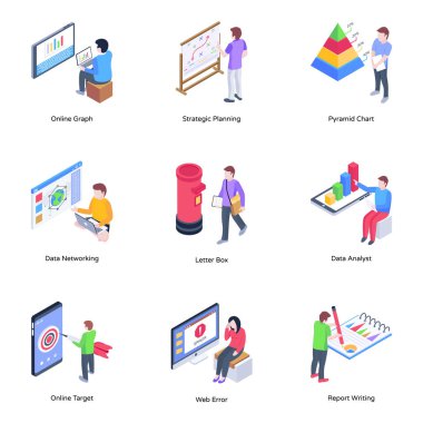 İş adamları ve teknoloji ikonları ayarlandı. Web için izometrik 9 adam vektör simgesi
