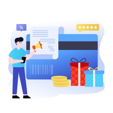 İnternetten alışveriş. Akıllı telefonu ve kredi kartı çizimi olan bir adam. 