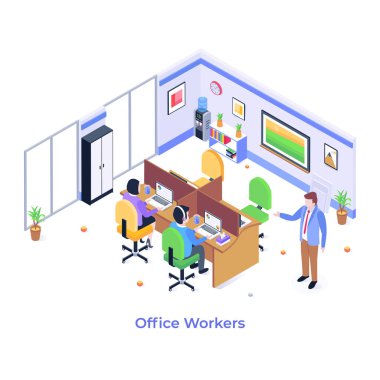 Ofis içinin insanlarla izometrik çizimi 