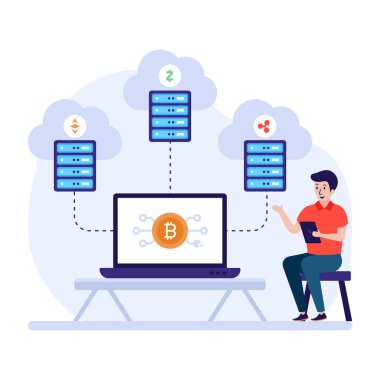 İş ve finans simgesinin vektör illüstrasyonu, dijital tablet kullanan iş adamı  