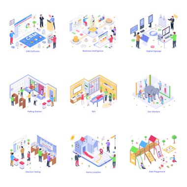 İnsanların izometrik vektör illüstrasyonu ve teknoloji simgeleri ayarlandı. Web için iş ve finans hisse senedi koleksiyonu.