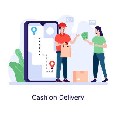 Çevrimiçi alışveriş, cep telefonu ve elinde harita olan kadın, vektör illüstrasyonu.