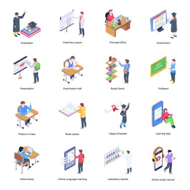 İş adamları ve imar ikonları ayarlandı. Web için modern vektör simgesinin izometrik çizimi