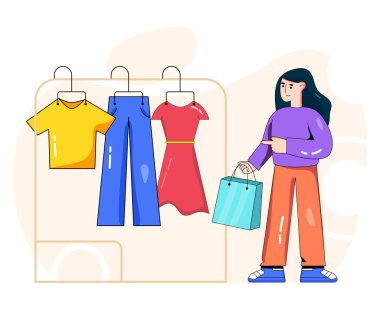 Giyim mağazası, moda, giysi, mağaza, gardırop, butik, alışveriş, vektör illüstrasyonu