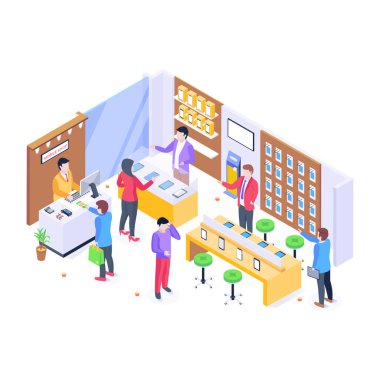 Odadaki izometrik insanlar. vektör illüstrasyonu