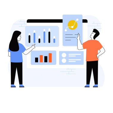 Grafik ve vektör illüstrasyonuyla çalışan iş adamları
