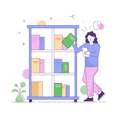 Kitap raflarının yanındaki genç adam elinde belge vektör çizimi tasarımı ile