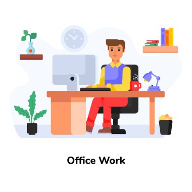 Dizüstü bilgisayarda çalışan genç bir adam. vektör illüstrasyonu