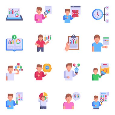 İş pazarlamalı vektör düz simgeler. Beyaz arka planda insanlarla, finansla, diyagramla izole edilmiş,