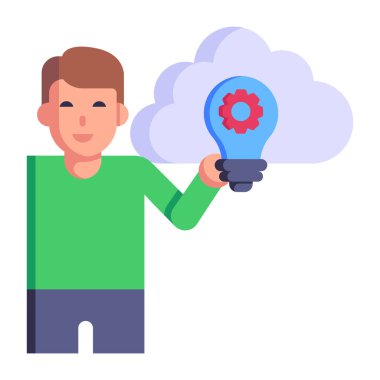 Bulut ve ampul ikonlu yeşil tişörtlü bir adam. izole edilmiş ve resimlenmiş