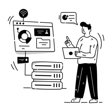 Akıllı telefonu ve dizüstü bilgisayarı olan adam vektör çizimi tasarımı