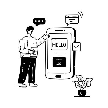 Akıllı telefona ve konuşma balonu vektör çizimine sahip adam
