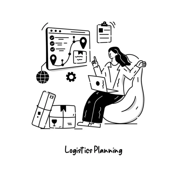 Ilustração Vetorial Mulher Com Laptop Planejamento Logístico —  Vetores de Stock