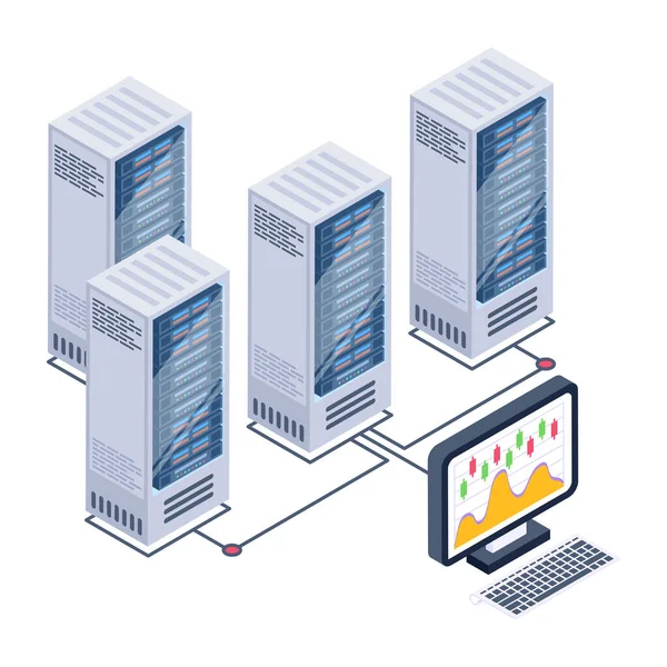 Isometric Vector Illustration Server Room Laptop Servers — Stock Vector