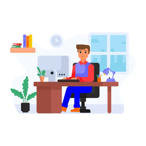 Young Man Working Laptop Computer Vector Illustration — Stock Vector