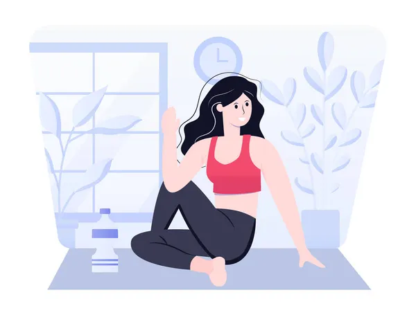 Vektor Ilustrasi Wanita Melakukan Yoga Rumah - Stok Vektor