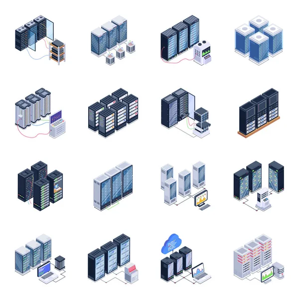 Conjunto Iconos Isométricos Diferentes Tipos Almacenamiento Servidor Otros Objetos Vectoriales — Vector de stock