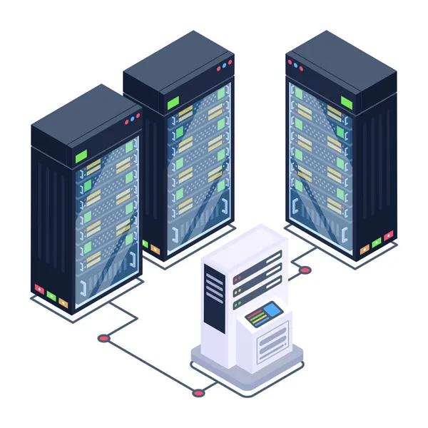 Rechenzentrum Serverraum Mit Servern Und Datenbankvektorgrafik — Stockvektor