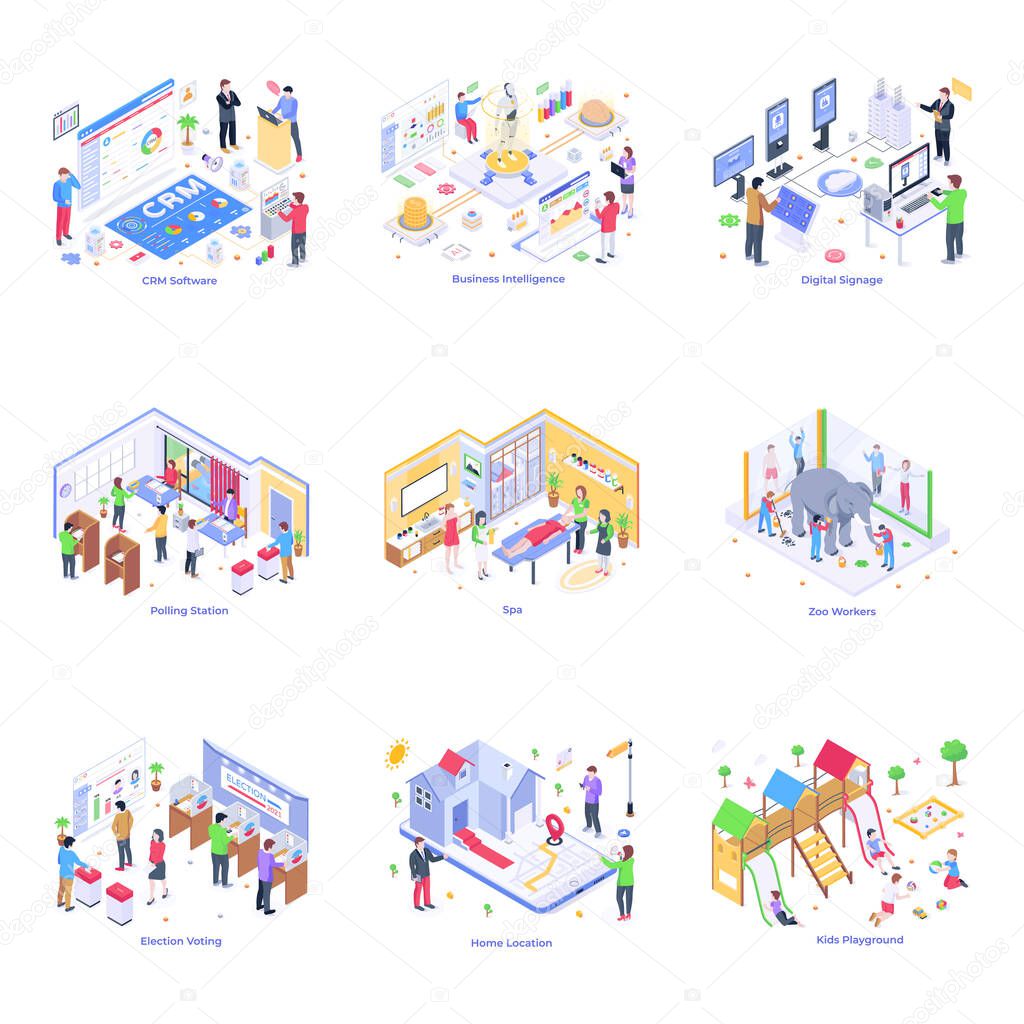 isometric vector illustration of people and technology icons set. collection of business and finance stock symbol for web.