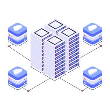 izometrik simgeye ev sahipliği yapan veri sunucuları, vektör illüstrasyonu