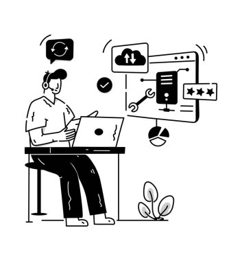 Dizüstü bilgisayarı ve akıllı telefon vektör illüstrasyon tasarımına sahip iş adamı