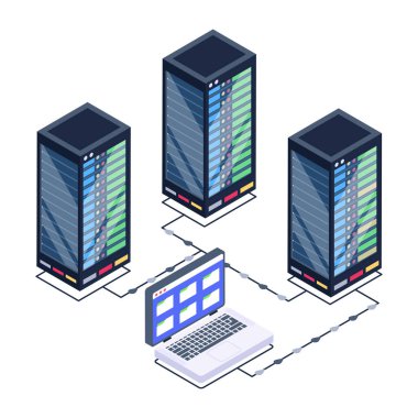 izometrik simgeye ev sahipliği yapan veri sunucuları, vektör illüstrasyonu