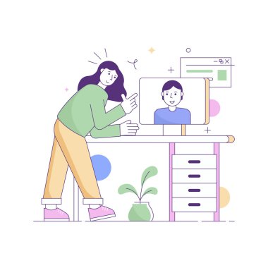 Çalışan insanlar, bilgisayarlı video çağrısı, vektör illüstrasyon tasarımı