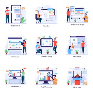 SEO modern simgeleri, pazarlama ve dijital depolama kavramının tasarım vektörü çizimi