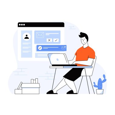 Adam dizüstü bilgisayarla çalışıyor, vektör illüstrasyonu