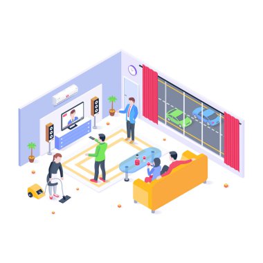 Oturma odasındaki bir grup insanın izometrik vektör çizimi