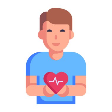 Tıbbi kalp vektör çizimi olan genç bir adam.