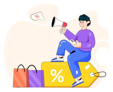 Alışveriş çantalı ve akıllı telefonlu adam satış simgeleri vektör illüstrasyon tasarımlı