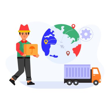 Bir kutu malı ve kamyonu olan teslimatçı. vektör illüstrasyonu