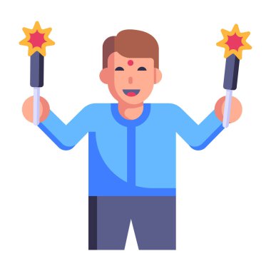 Elinde havai fişekler olan Hintli çocuk.