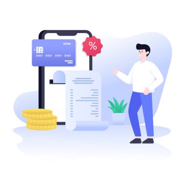 Kredi kartı illüstrasyonlu alışveriş çantalı bir adam.