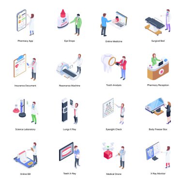 Hastane ikonlarının izometrik seti. düz dizayn. vektör illüstrasyonu