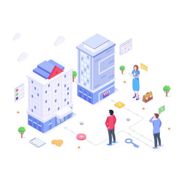 Bir grup insanın izometrik vektör çizimi ve bir dağıtım hizmeti.