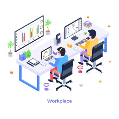 İş yeri ve modern düz tasarımın izometrik vektör çizimi.
