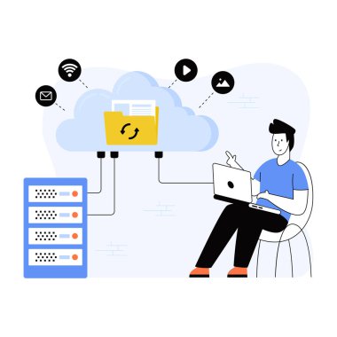 İş adamı ve laptop vektör çizimi grafik tasarımı ile bulut hesaplama teknolojisi kavramı
