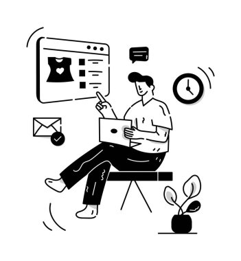 Dizüstü bilgisayarı olan ve mesaj vektörü çizimine sahip akıllı telefonu olan bir adam.