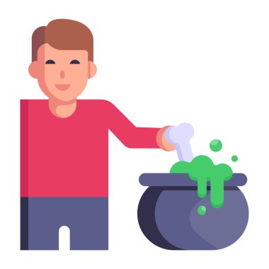 Tencere vektör illüstrasyonunda kazanı olan adam.