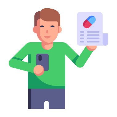 Akıllı telefon ve haplı genç adam, vektör çizimi, beyaz arka planda izole edilmiş.