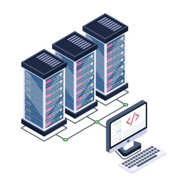 izometrik simgeye ev sahipliği yapan veri sunucuları, vektör illüstrasyonu