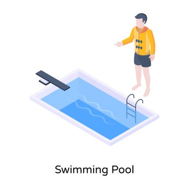 Havuza yakın bir adamın izometrik vektör çizimi