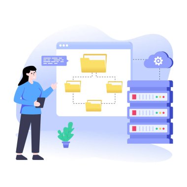 Dizüstü bilgisayarı ve bulut hesaplama vektör çizimi tasarımı olan adam