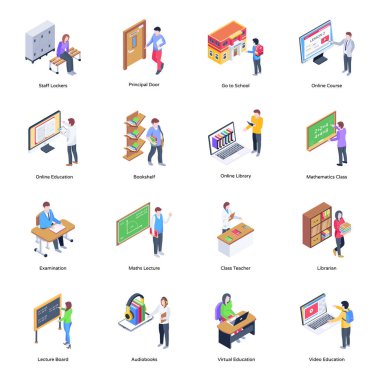 Eğitim, insan, öğrenme ve diğer vektör illüstrasyonlarının izometrik simgeleri